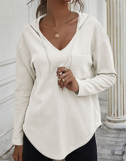 Load image into Gallery viewer, Drawstring Waffle Knit Long Sleeve Hooded Top

