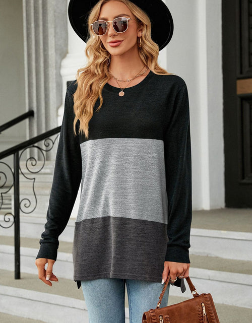 Load image into Gallery viewer, Color Block Round Neck Long Sleeve Slit T-Shirt
