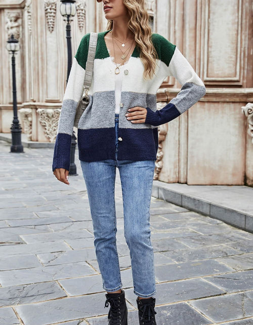 Load image into Gallery viewer, Woven Right Color Block V-Neck Button Down Cardigan
