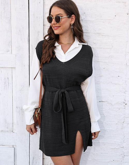 Load image into Gallery viewer, Tie Front V-Neck Sleeveless Slit Sweater Dress

