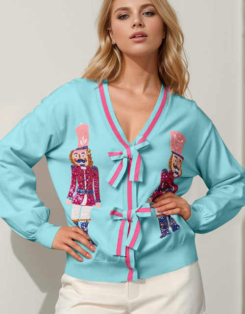 Load image into Gallery viewer, Double Take Full Size Nutcracker Sequin Bow Decor Cardigan
