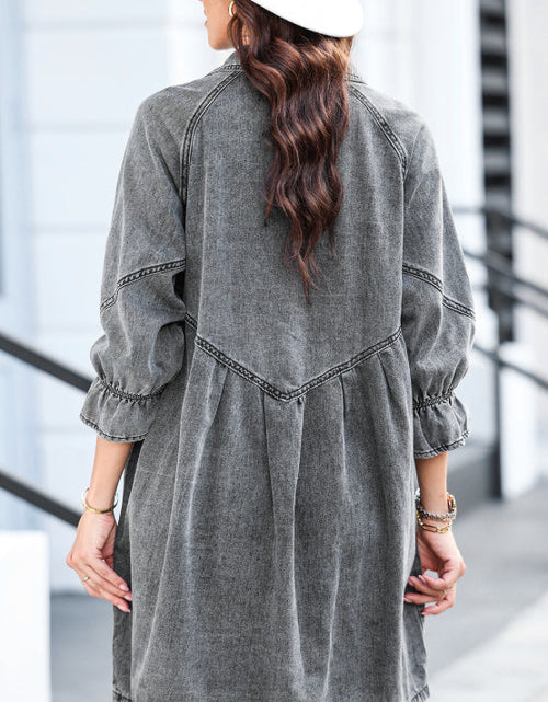 Load image into Gallery viewer, Distressed Collared Neck Flounce Sleeve Denim Dress
