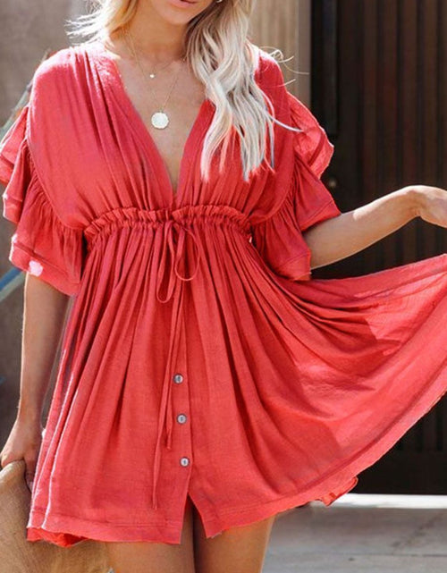 Load image into Gallery viewer, Drawstring Ruffled Half Sleeve Mini Dress

