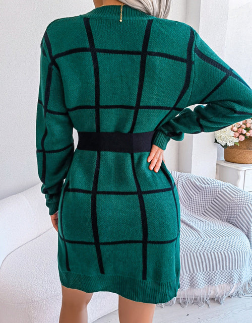 Load image into Gallery viewer, Plaid Round Neck Dropped Shoulder Sweater Dress
