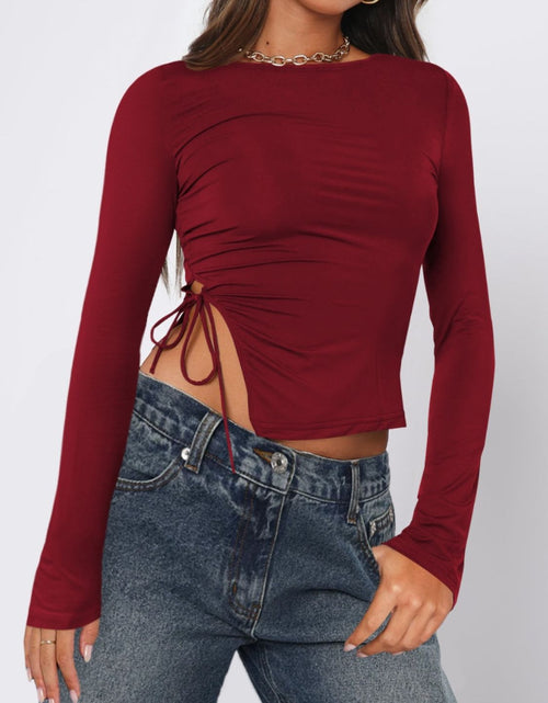 Load image into Gallery viewer, Tied Slit Round Neck Long Sleeve T-Shirt
