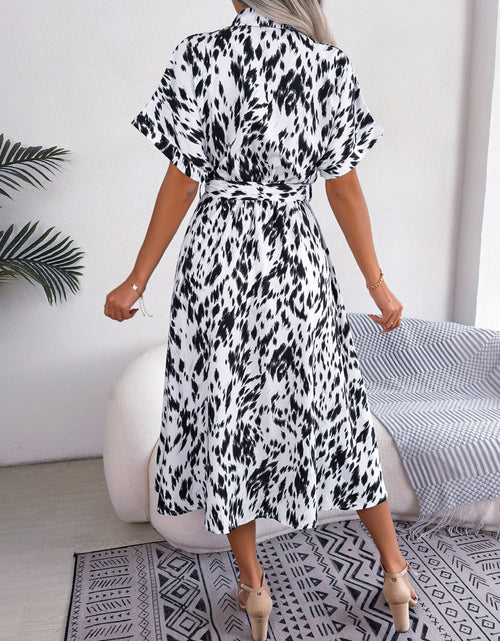 Load image into Gallery viewer, Printed Collared Neck Short Sleeve Tie Waist Dress
