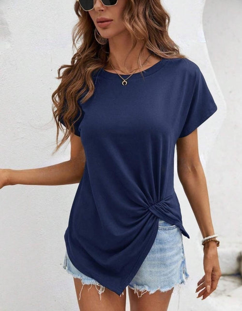Load image into Gallery viewer, Asymmetric Hem Round Neck T-Shirt
