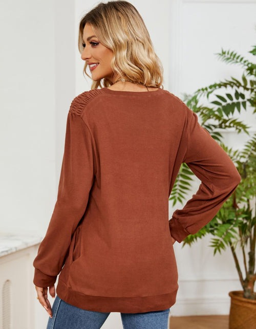 Load image into Gallery viewer, Ruched Shoulder Round Neck Long Sleeve Sweatshirt
