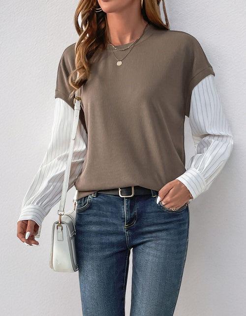 Load image into Gallery viewer, Perfee Round Neck Striped Sleeve Sweatshirt
