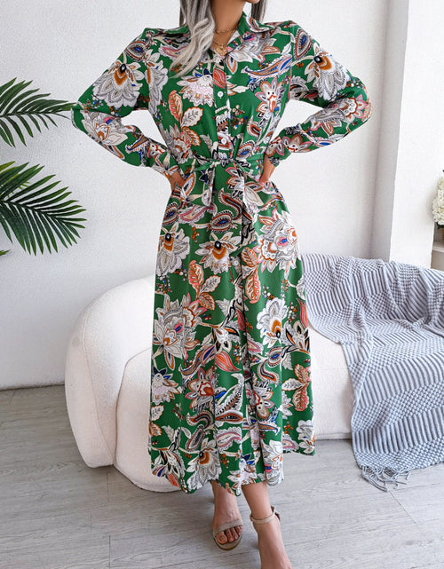 Load image into Gallery viewer, Tied Printed Long Sleeve Midi Dress

