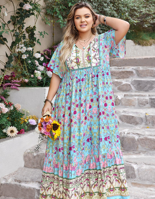 Load image into Gallery viewer, Plus Size Printed Tie Neck Flutter Sleeve Maxi Dress
