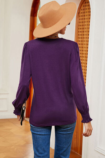 Load image into Gallery viewer, Lace Detail V-Neck Lantern Sleeve T-Shirt
