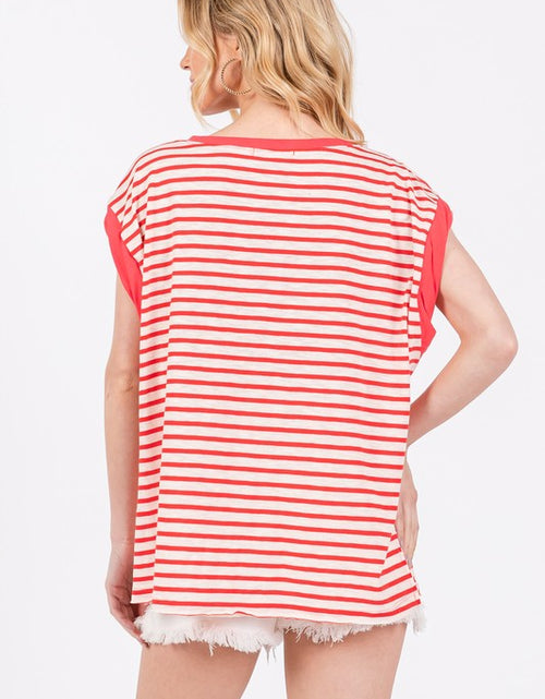 Load image into Gallery viewer, Ces Femme Side Slit Striped Cap Sleeve T-Shirt
