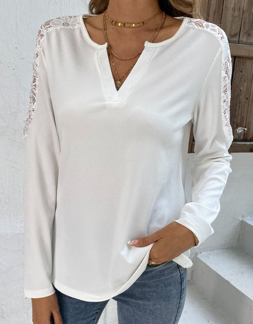 Load image into Gallery viewer, Shiny Spliced Lace Notched Neck Top
