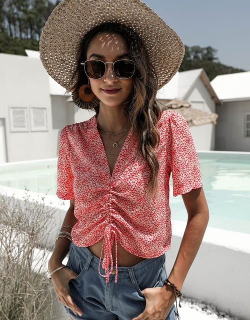 Load image into Gallery viewer, Floral Drawstring Deep V Cropped Blouse
