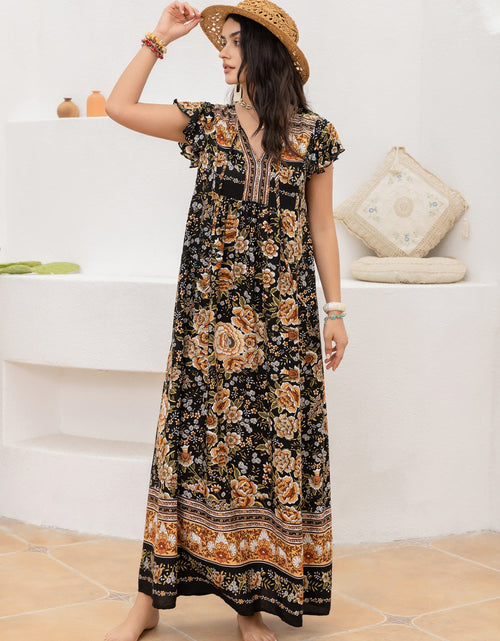 Load image into Gallery viewer, Ruffled Printed Tie Neck Cap Sleeve Dress
