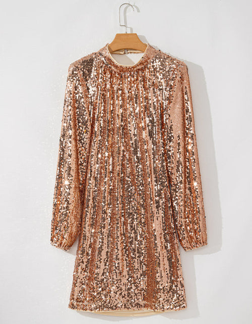 Load image into Gallery viewer, Backless Sequin Mock Neck Long Sleeve Mini Dress
