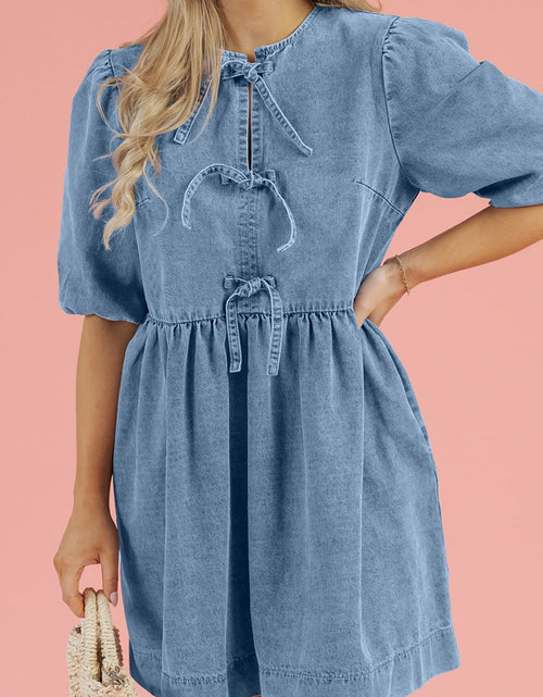 Load image into Gallery viewer, Bowknot Round Neck Half Sleeve Denim Dress
