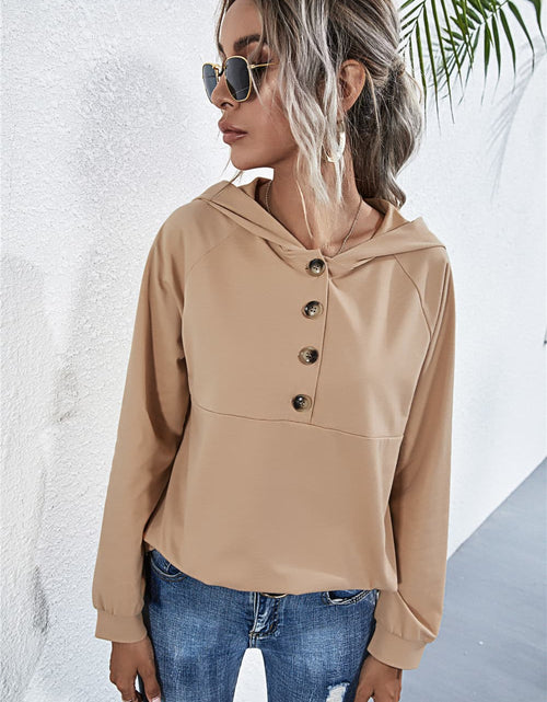 Load image into Gallery viewer, Buttoned Raglan Sleeve Hooded Blouse
