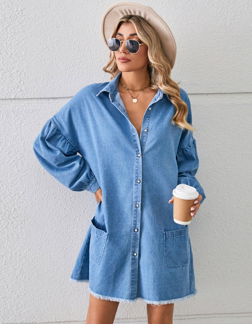 Load image into Gallery viewer, Button Up Pocketed Raw Hem Denim Dress
