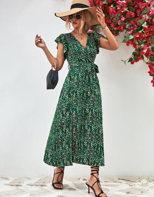 Load image into Gallery viewer, Printed Surplice Neck Flutter Sleeve Slit Dress

