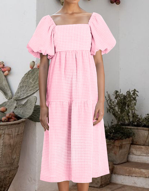 Load image into Gallery viewer, Plaid Square Neck Short Sleeve Dress
