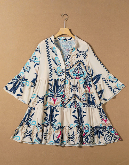 Load image into Gallery viewer, Printed Notched Three-Quarter Sleeve Mini Dress
