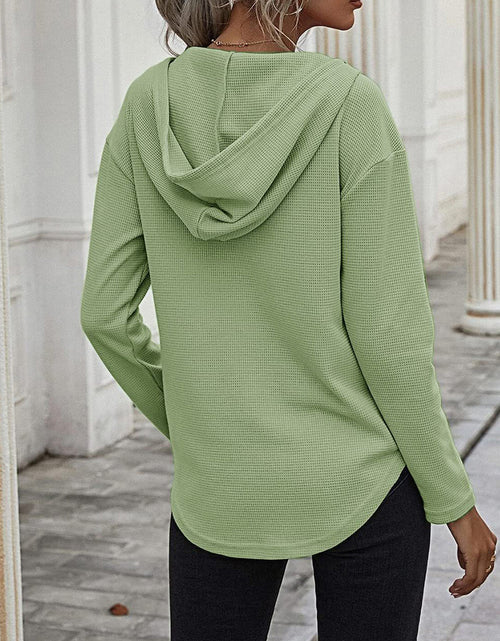 Load image into Gallery viewer, Drawstring Waffle Knit Long Sleeve Hooded Top
