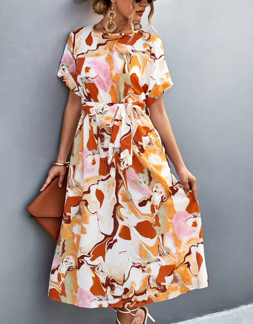 Load image into Gallery viewer, Round Neck Short Sleeve Tie Waist Midi Dress
