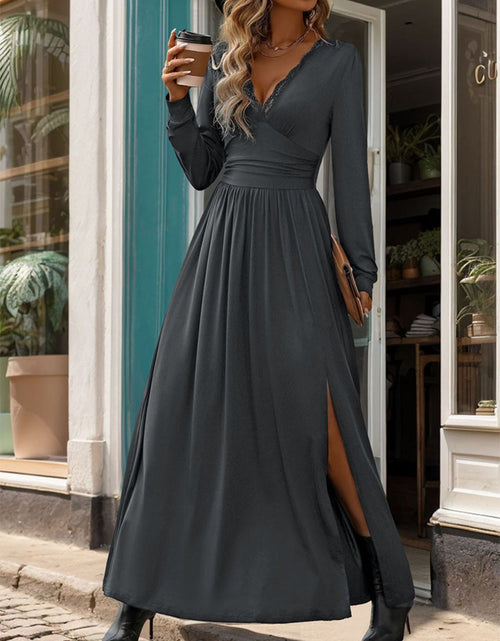 Load image into Gallery viewer, Perfee Lace Detail Slit V-Neck Long Sleeve Dress
