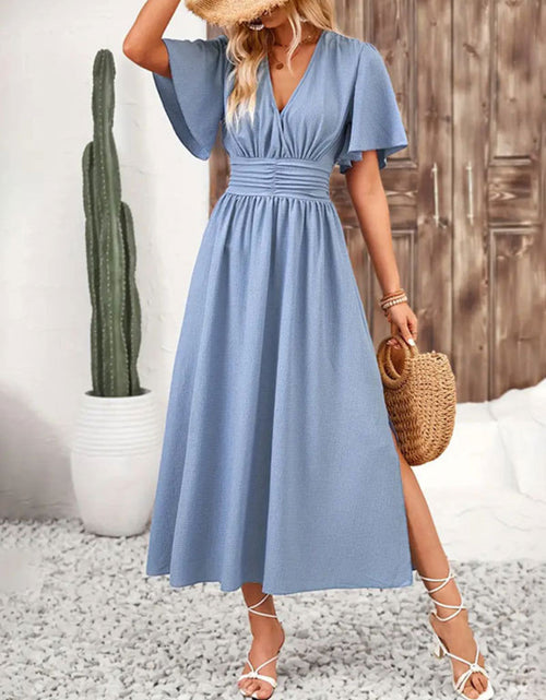 Load image into Gallery viewer, Side Slit Surplice Flutter Sleeve Midi Dress
