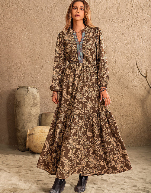 Load image into Gallery viewer, Ruched Printed Notched Long Sleeve Maxi Dress
