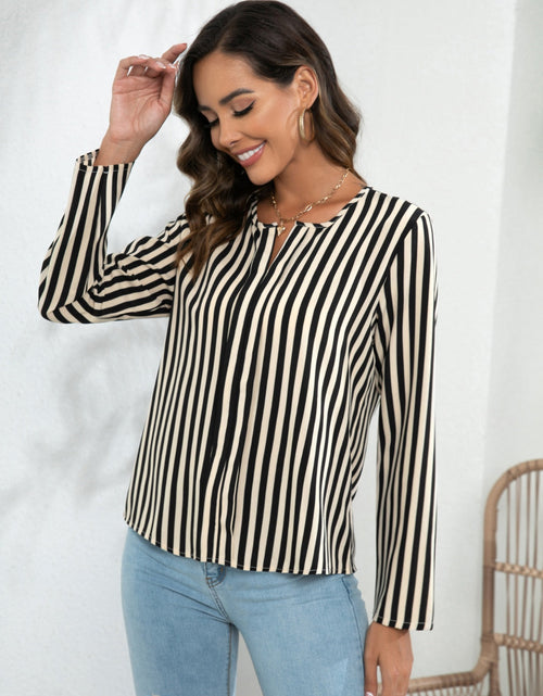 Load image into Gallery viewer, Striped Long Sleeve Notched Blouse
