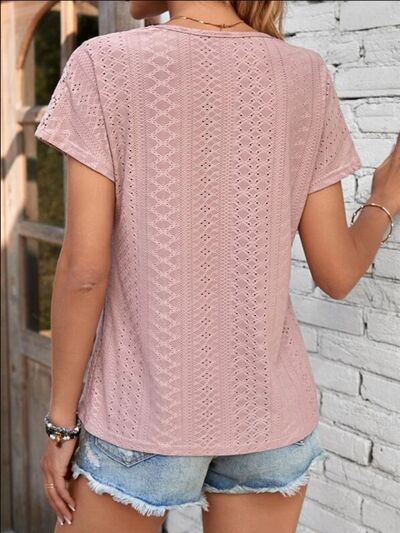 Load image into Gallery viewer, Eyelet V-Neck Short Sleeve T-Shirt
