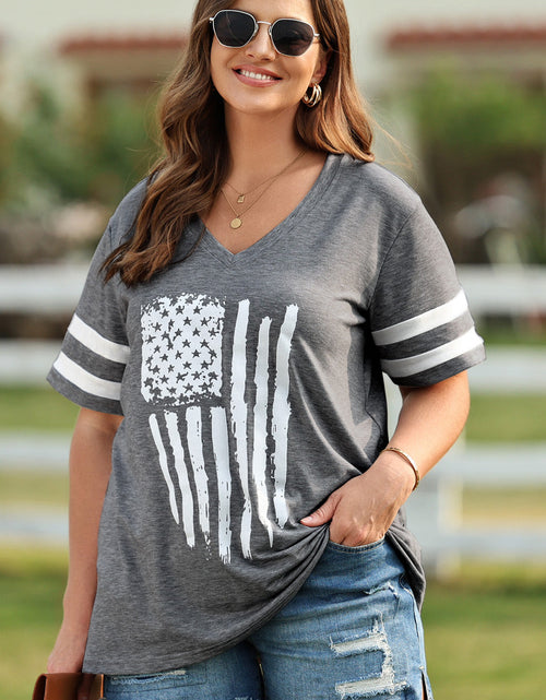 Load image into Gallery viewer, Plus Size US Flag Graphic V-Neck Tee
