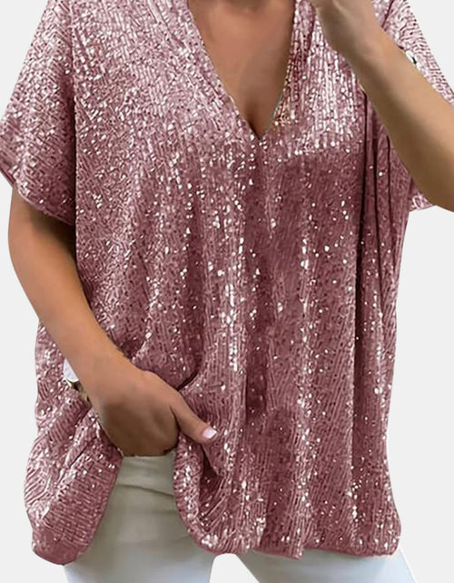 Load image into Gallery viewer, Full Size Sequin V-Neck Short Sleeve Top
