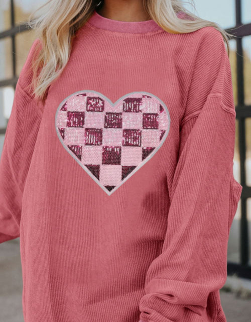 Load image into Gallery viewer, Valentine’s Day Sequin Checkered Heart Long Sleeve Sweatshirt

