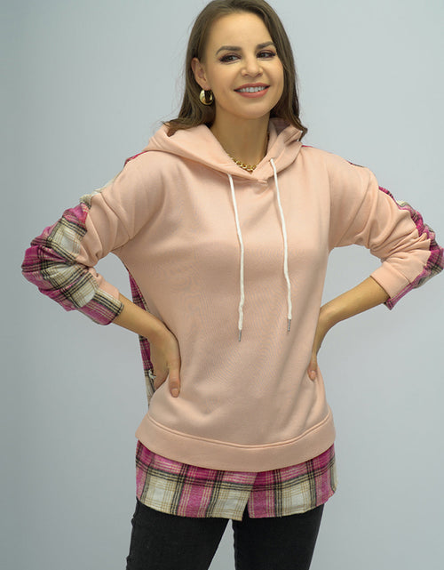 Load image into Gallery viewer, Shiny Plaid Drawstring Drop Shoulder Slit Hoodie
