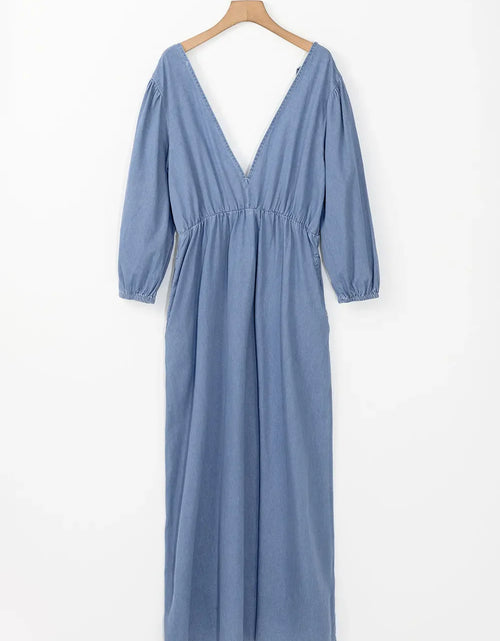 Load image into Gallery viewer, Tied Plunge Three-Quarter Sleeve Denim Dress
