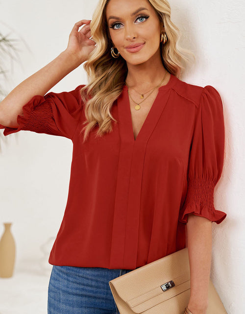 Load image into Gallery viewer, Smocked Flounce Sleeve Notched Neck Blouse
