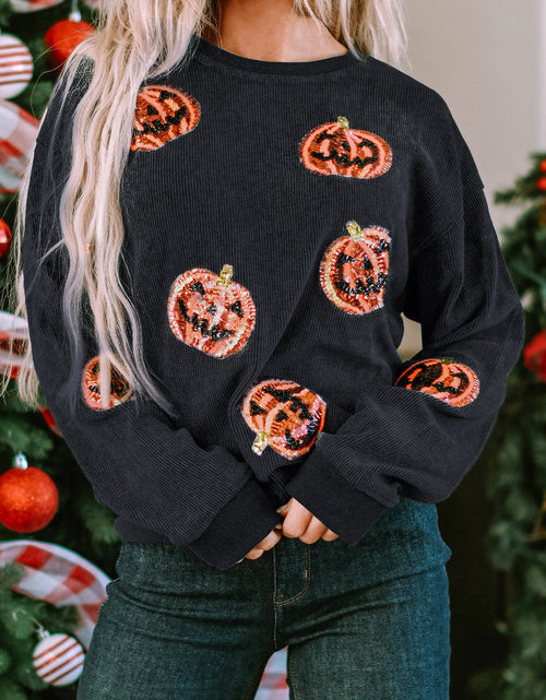 Load image into Gallery viewer, Sequin Patch Pumpkin Round Neck Sweatshirt
