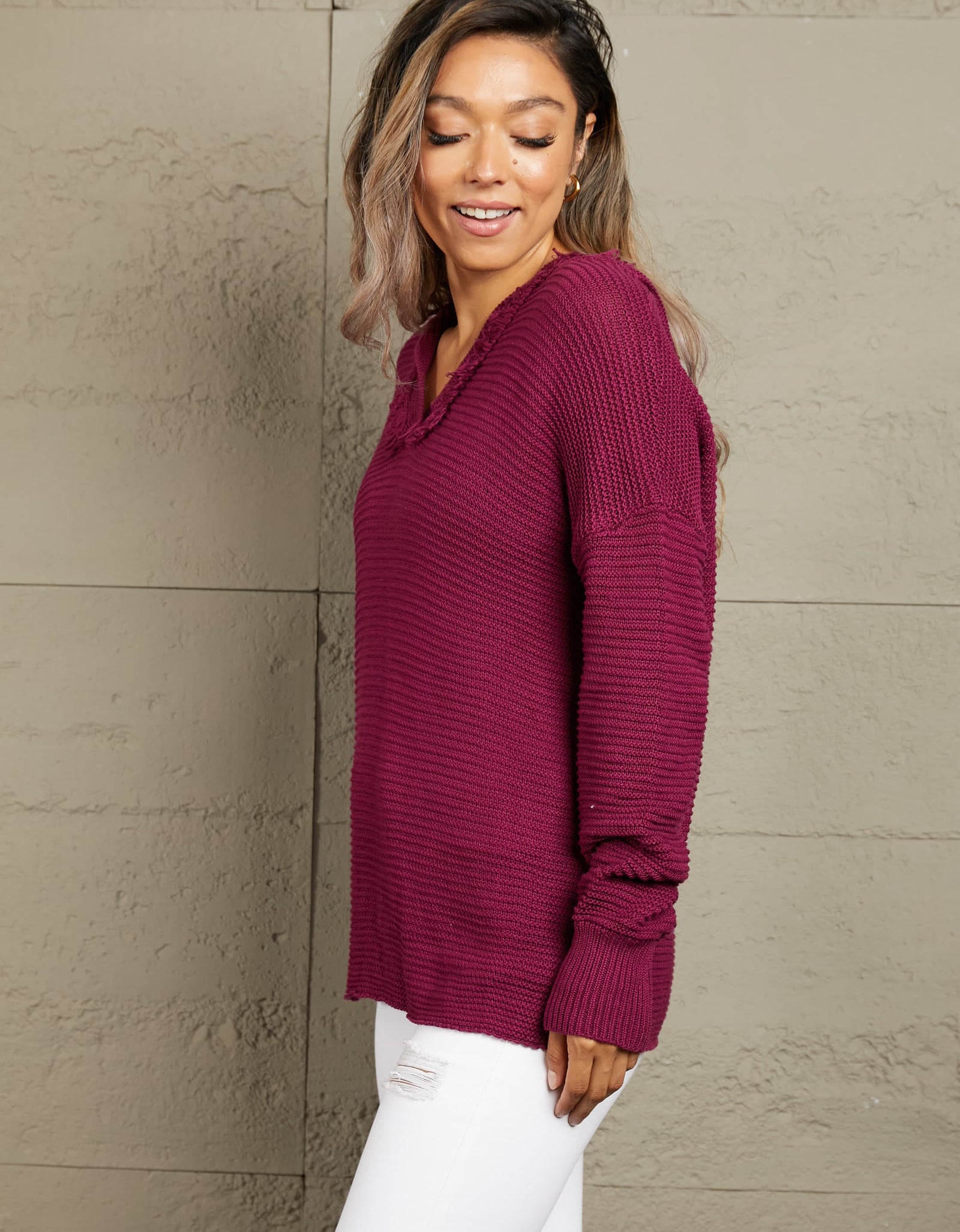 Woven Right Horizontal Ribbing Fringe Trim Hooded Sweater