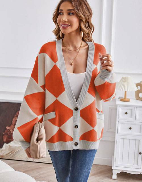 Load image into Gallery viewer, Geometric Lantern Sleeve Cardigan with Pockets
