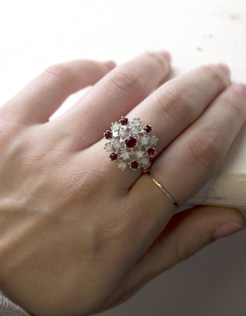Load image into Gallery viewer, Vintage Ring Ruby Austrian Crystals and Pinfire Opals 18k White Gold Electroplate Made in the USA by PVD Vintage Jewelry
