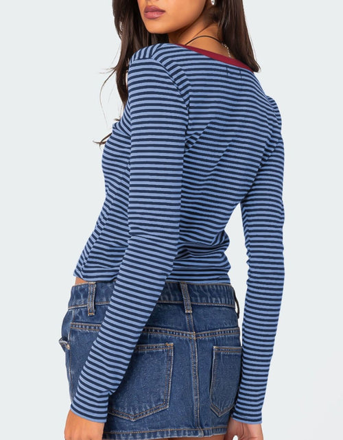 Load image into Gallery viewer, Buttoned Striped Long Sleeve T-Shirt
