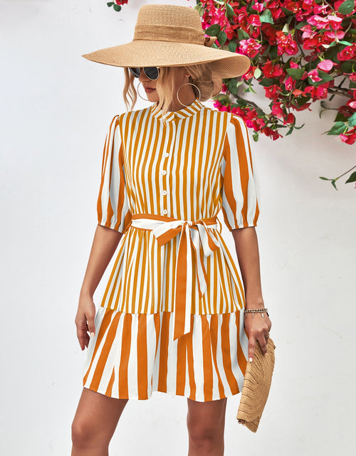 Load image into Gallery viewer, Striped Half Sleeve Tie Waist Mini Dress
