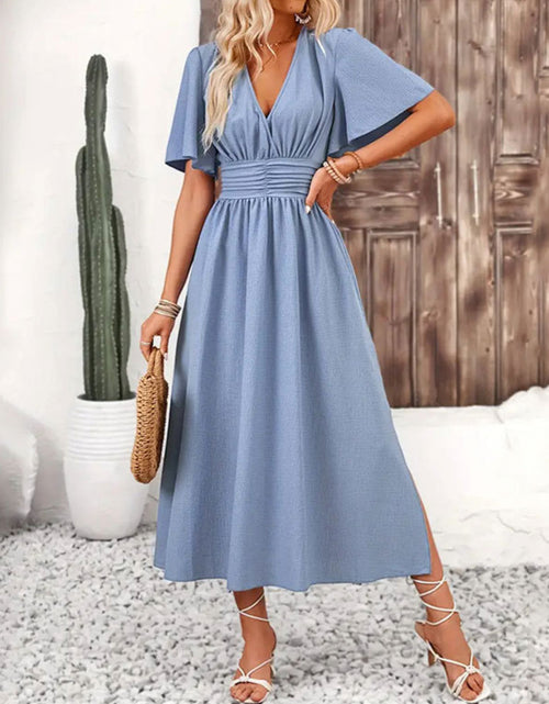 Load image into Gallery viewer, Side Slit Surplice Flutter Sleeve Midi Dress
