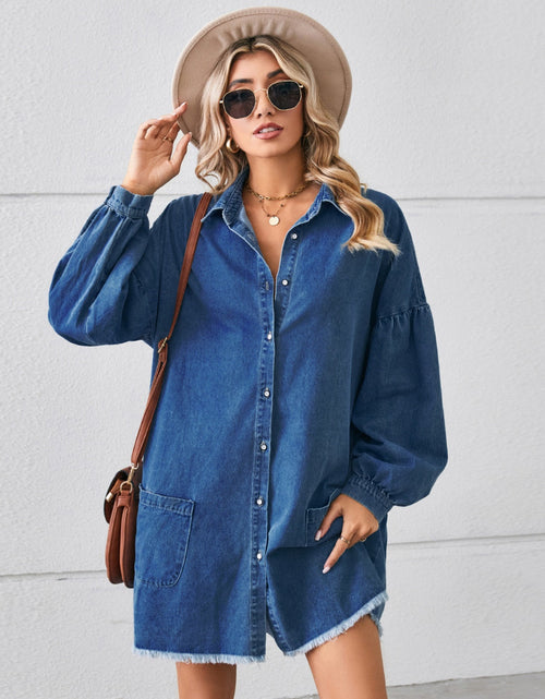 Load image into Gallery viewer, Button Up Pocketed Raw Hem Denim Dress
