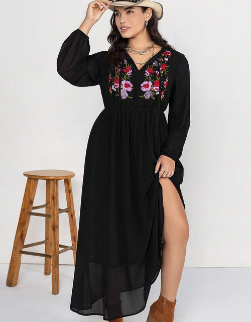 Load image into Gallery viewer, Plus Size Embroidered Tie Neck Long Sleeve Dress

