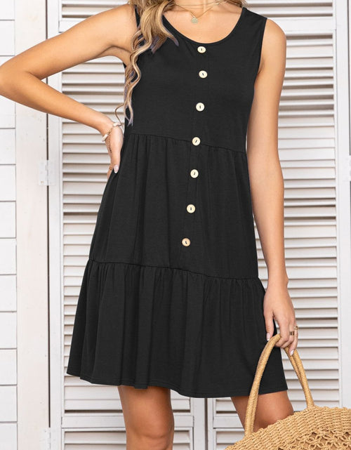 Load image into Gallery viewer, Decorative Button Scoop Neck Sleeveless Tiered Dress
